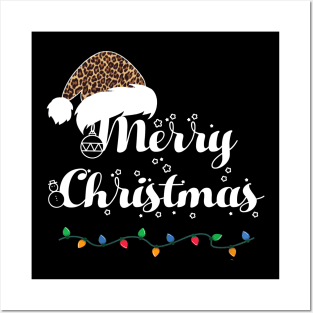 Merry Christmas Lights Leopard Print Santa Hat Xmas Holiday Posters and Art